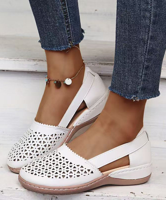 Women Comfy Splicing Wedge Sandals White Faux Leather Hollow Out
