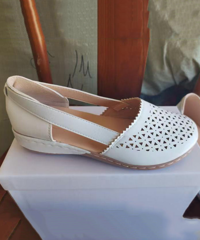 Women Comfy Splicing Wedge Sandals White Faux Leather Hollow Out