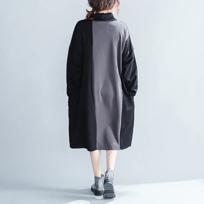 Women Cotton Causual Loose Color Block Dresses