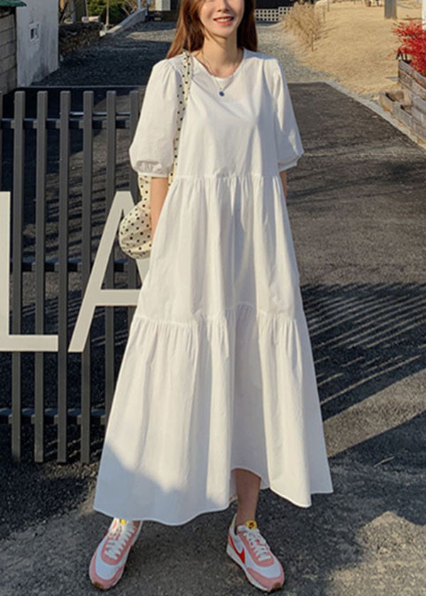 Women Cotton Solid Color Puff Sleeve Pleated Simple Maxi Dresses With Pocket