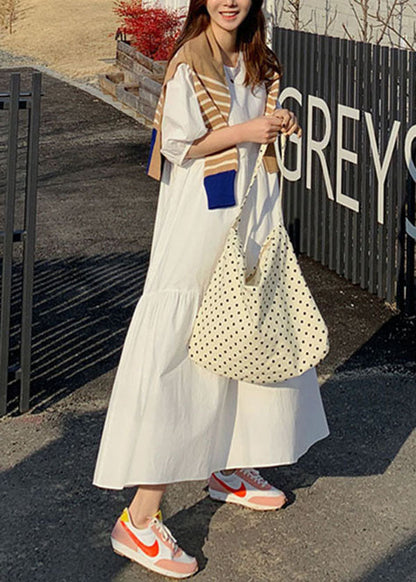 Women Cotton Solid Color Puff Sleeve Pleated Simple Maxi Dresses With Pocket