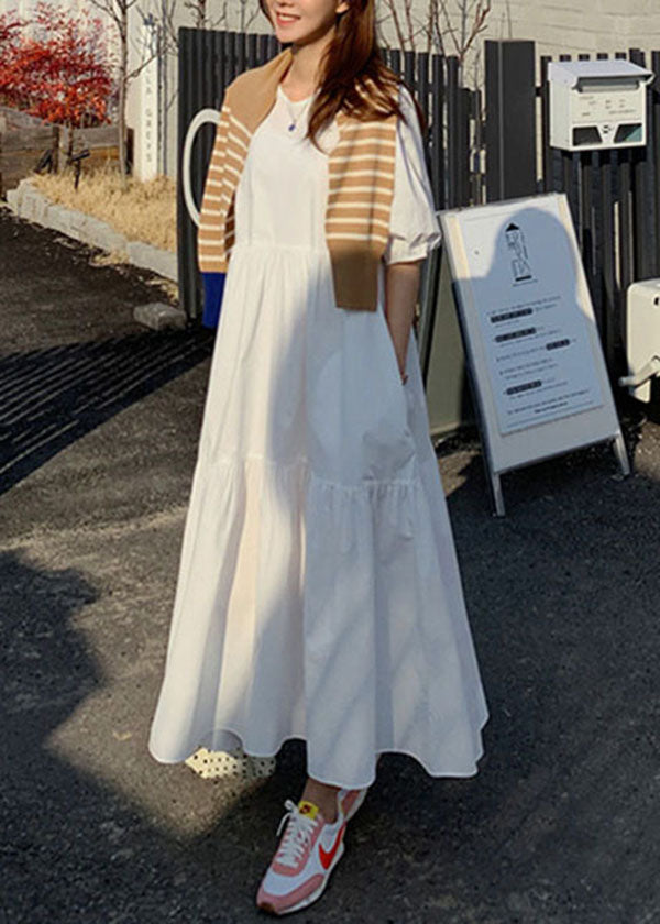 Women Cotton Solid Color Puff Sleeve Pleated Simple Maxi Dresses With Pocket