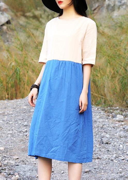 Women Cotton blue Vintage Summer Vintage Solid Color Short Dress - SooLinen