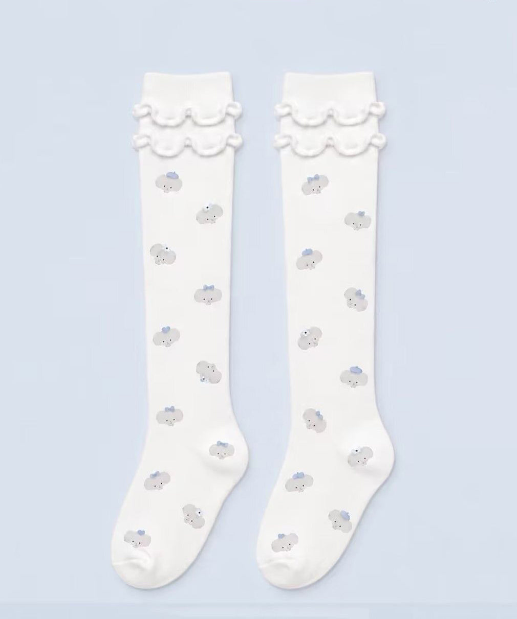 Women Cute Blue Ruffled Cartoon Over The Calf Socks