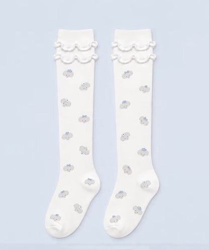 Women Cute Blue Ruffled Cartoon Over The Calf Socks