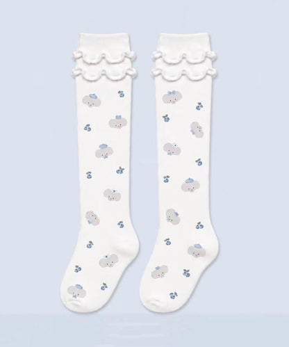 Women Cute Blue Ruffled Cartoon Over The Calf Socks