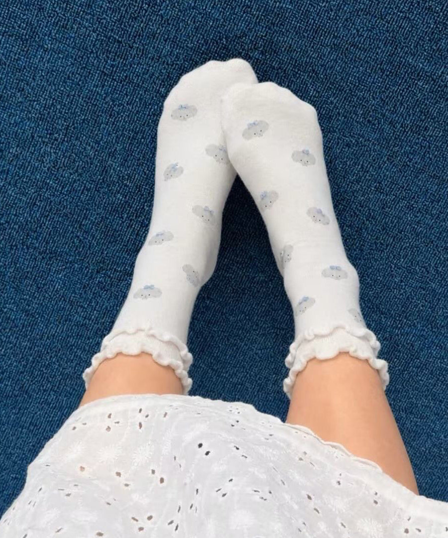 Women Cute Blue Ruffled Cartoon Over The Calf Socks