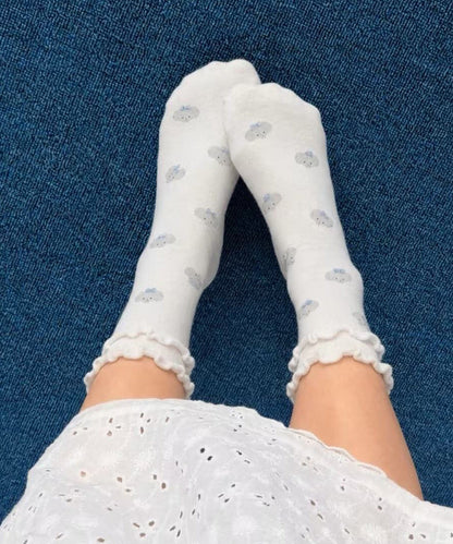Women Cute Blue Ruffled Cartoon Over The Calf Socks