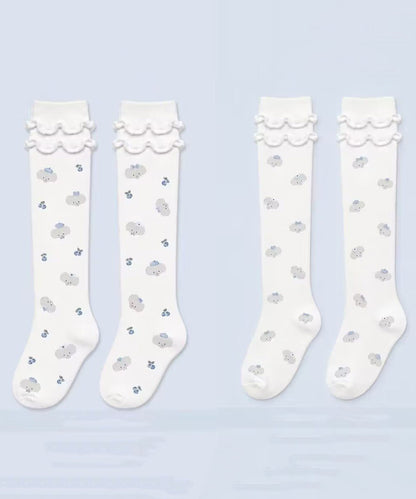 Women Cute Blue Ruffled Cartoon Over The Calf Socks