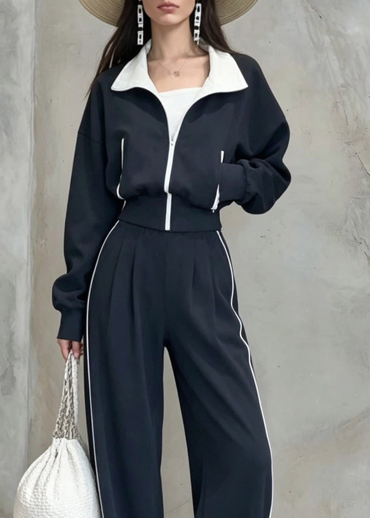 Women Dark Blue Peter Pan Collar Patchwork Coats And Wide Leg Pants Two Pieces Set Fall