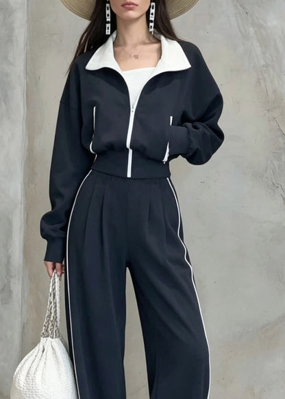 Women Dark Blue Peter Pan Collar Patchwork Coats And Wide Leg Pants Two Pieces Set Fall