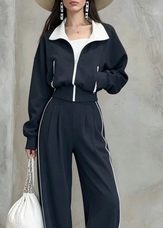 Women Dark Blue Peter Pan Collar Patchwork Coats And Wide Leg Pants Two Pieces Set Fall