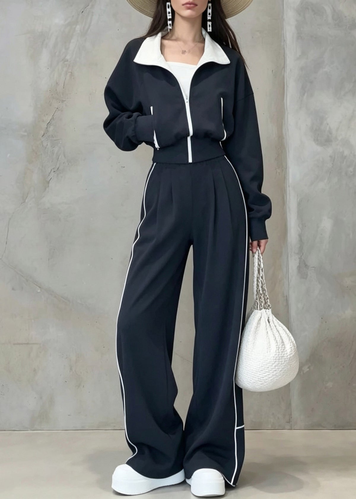 Women Dark Blue Peter Pan Collar Patchwork Coats And Wide Leg Pants Two Pieces Set Fall