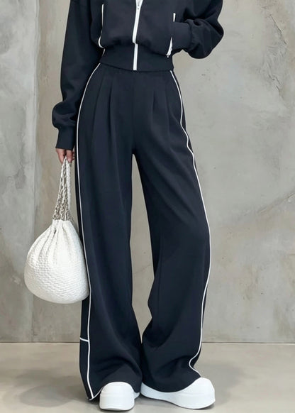 Women Dark Blue Peter Pan Collar Patchwork Coats And Wide Leg Pants Two Pieces Set Fall