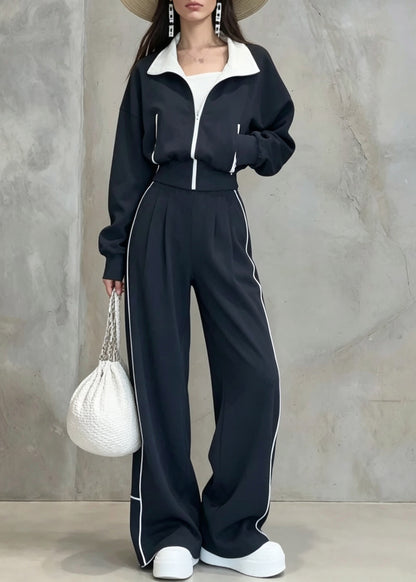 Women Dark Blue Peter Pan Collar Patchwork Coats And Wide Leg Pants Two Pieces Set Fall
