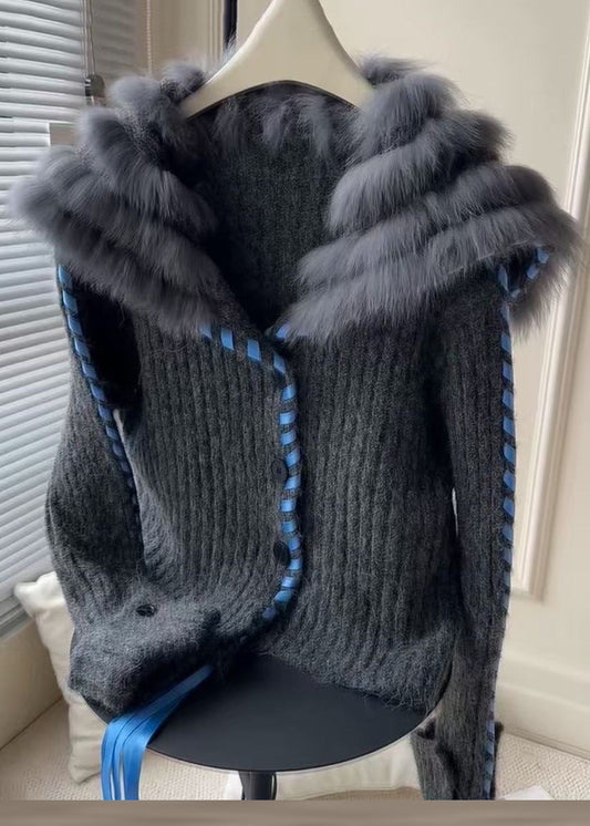 Women Dark Gray Fur Collar Button Cozy Knit Coat Fall