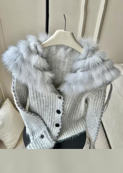 Women Dark Gray Fur Collar Button Cozy Knit Coat Fall