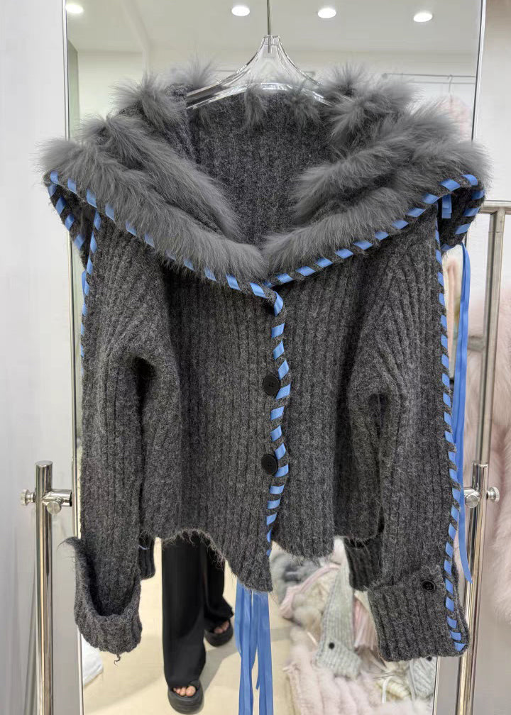 Women Dark Gray Fur Collar Button Cozy Knit Coat Fall