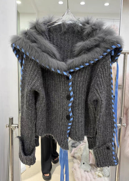 Women Dark Gray Fur Collar Button Cozy Knit Coat Fall