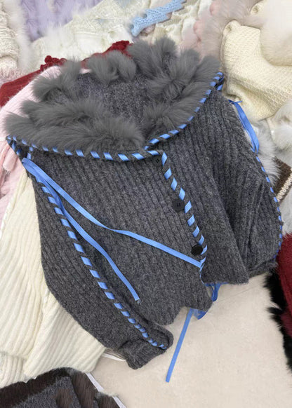 Women Dark Gray Fur Collar Button Cozy Knit Coat Fall