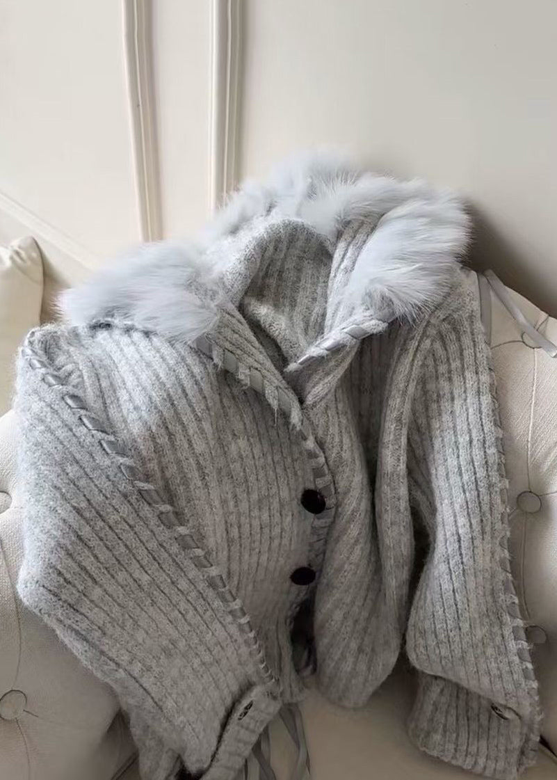 Women Dark Gray Fur Collar Button Cozy Knit Coat Fall