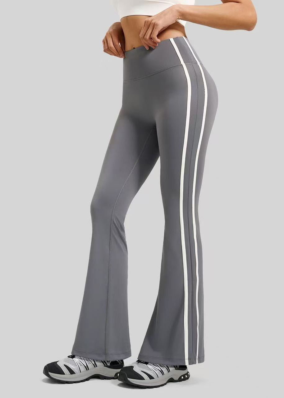 Women Dark Gray High Waist Side White Stripes Tennis Flare Pants