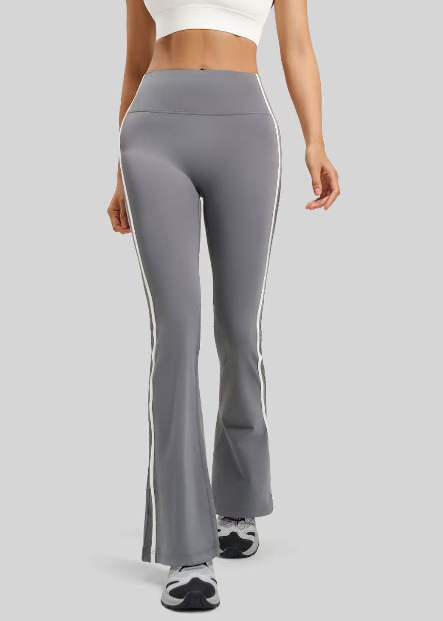 Women Dark Gray High Waist Side White Stripes Tennis Flare Pants