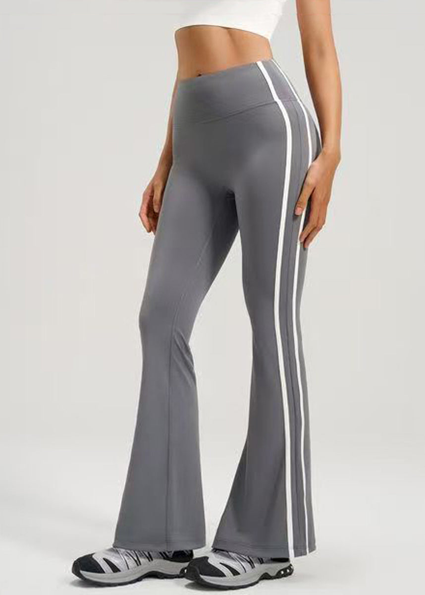 Women Dark Gray High Waist Side White Stripes Tennis Flare Pants