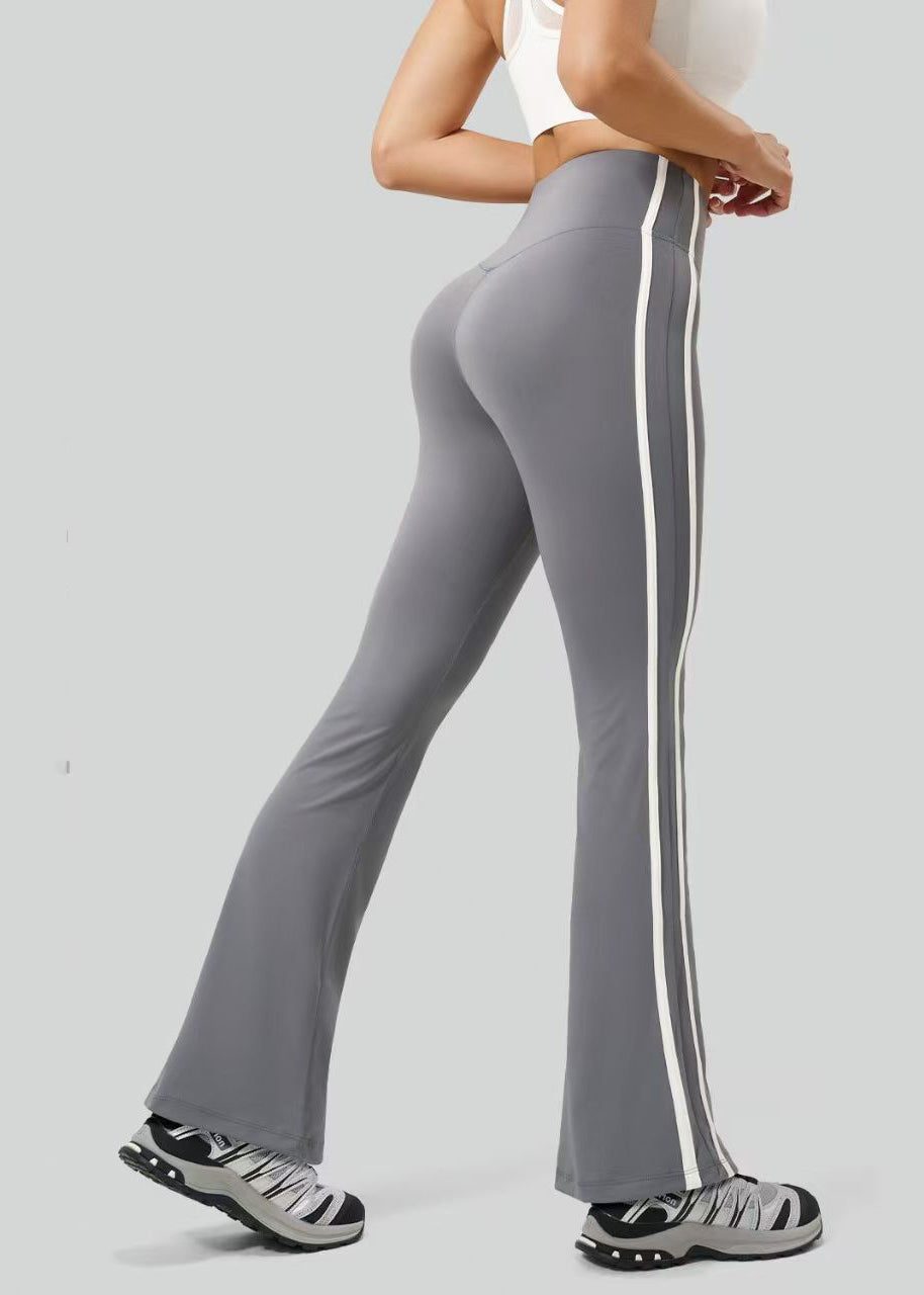 Women Dark Gray High Waist Side White Stripes Tennis Flare Pants