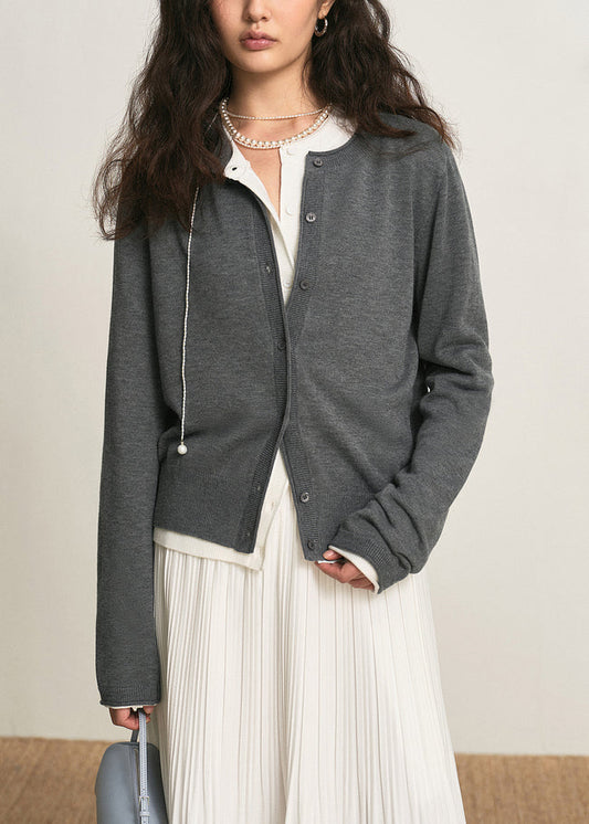 Women Dark Gray O Neck Button Knit Cardigan Fall