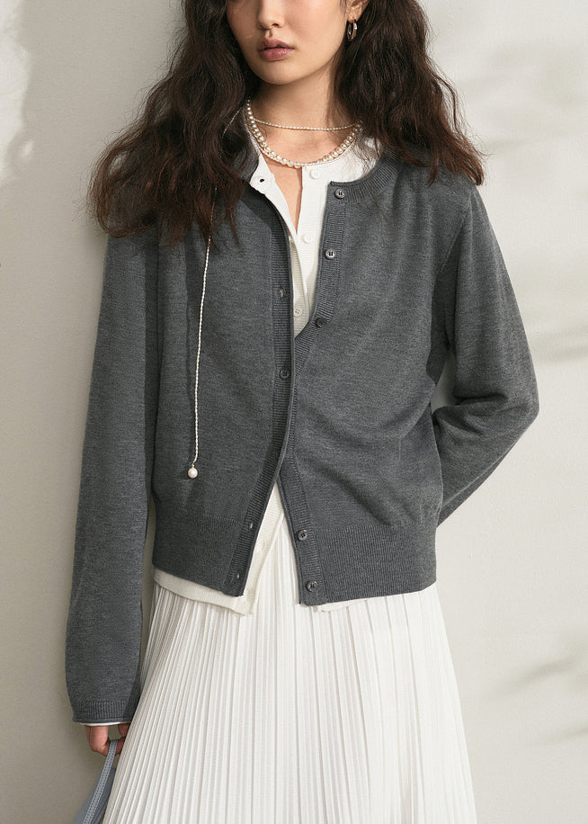Women Dark Gray O Neck Button Knit Cardigan Fall