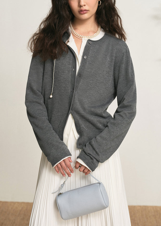 Women Dark Gray O Neck Button Knit Cardigan Fall