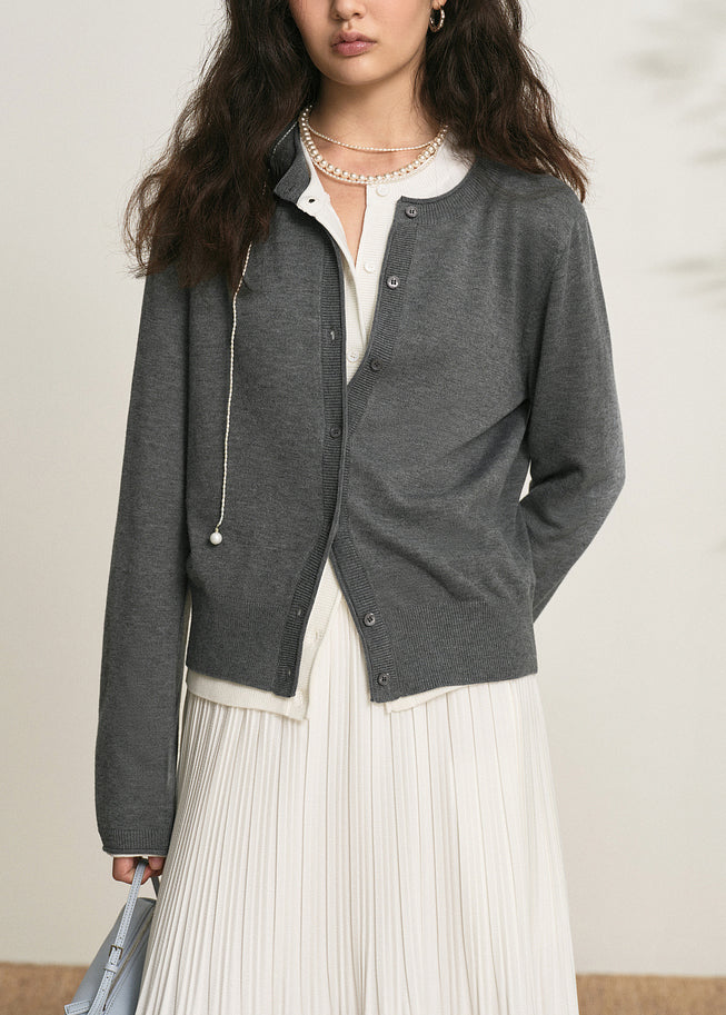 Women Dark Gray O Neck Button Knit Cardigan Fall
