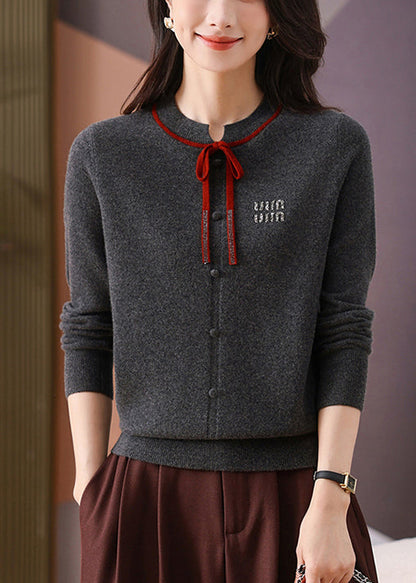 Women Dark Gray O Neck Lace Up Woolen Short Sweater Winter