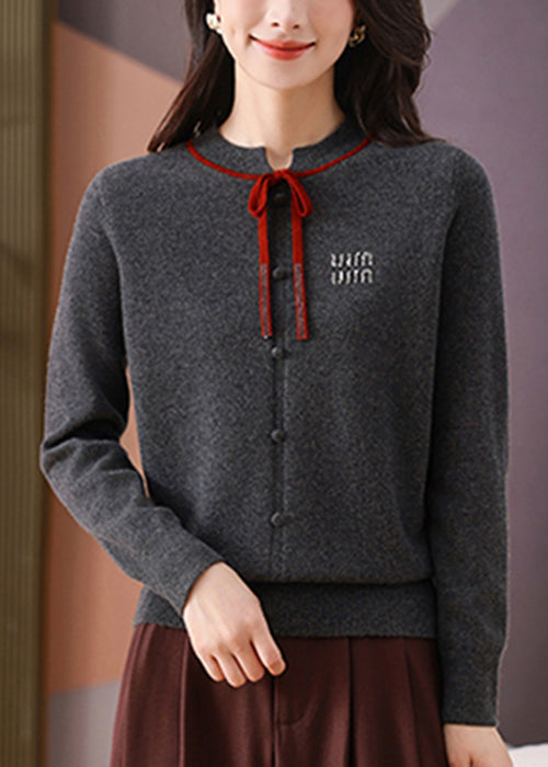 Women Dark Gray O Neck Lace Up Woolen Short Sweater Winter