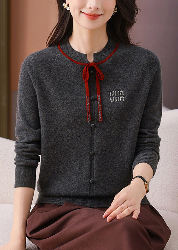 Women Dark Gray O Neck Lace Up Woolen Short Sweater Winter