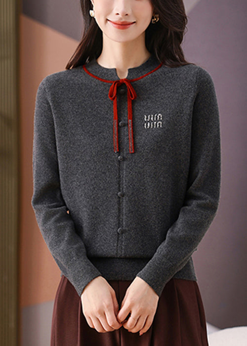 Women Dark Gray O Neck Lace Up Woolen Short Sweater Winter