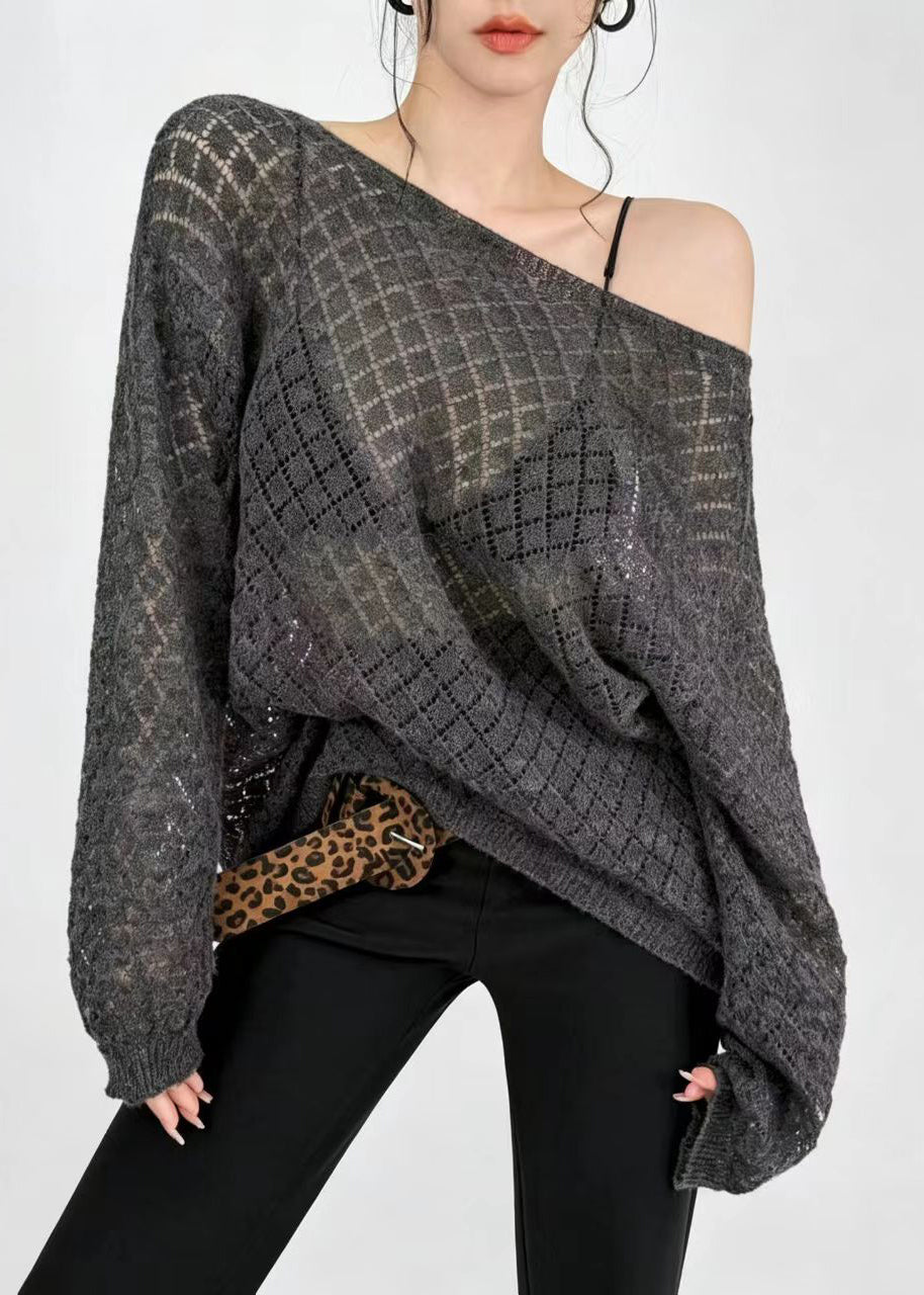 Women Dark Gray Slash Neck Hollow Out Knit Sweaters Fall