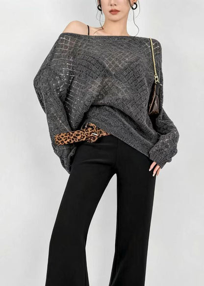 Women Dark Gray Slash Neck Hollow Out Knit Sweaters Fall