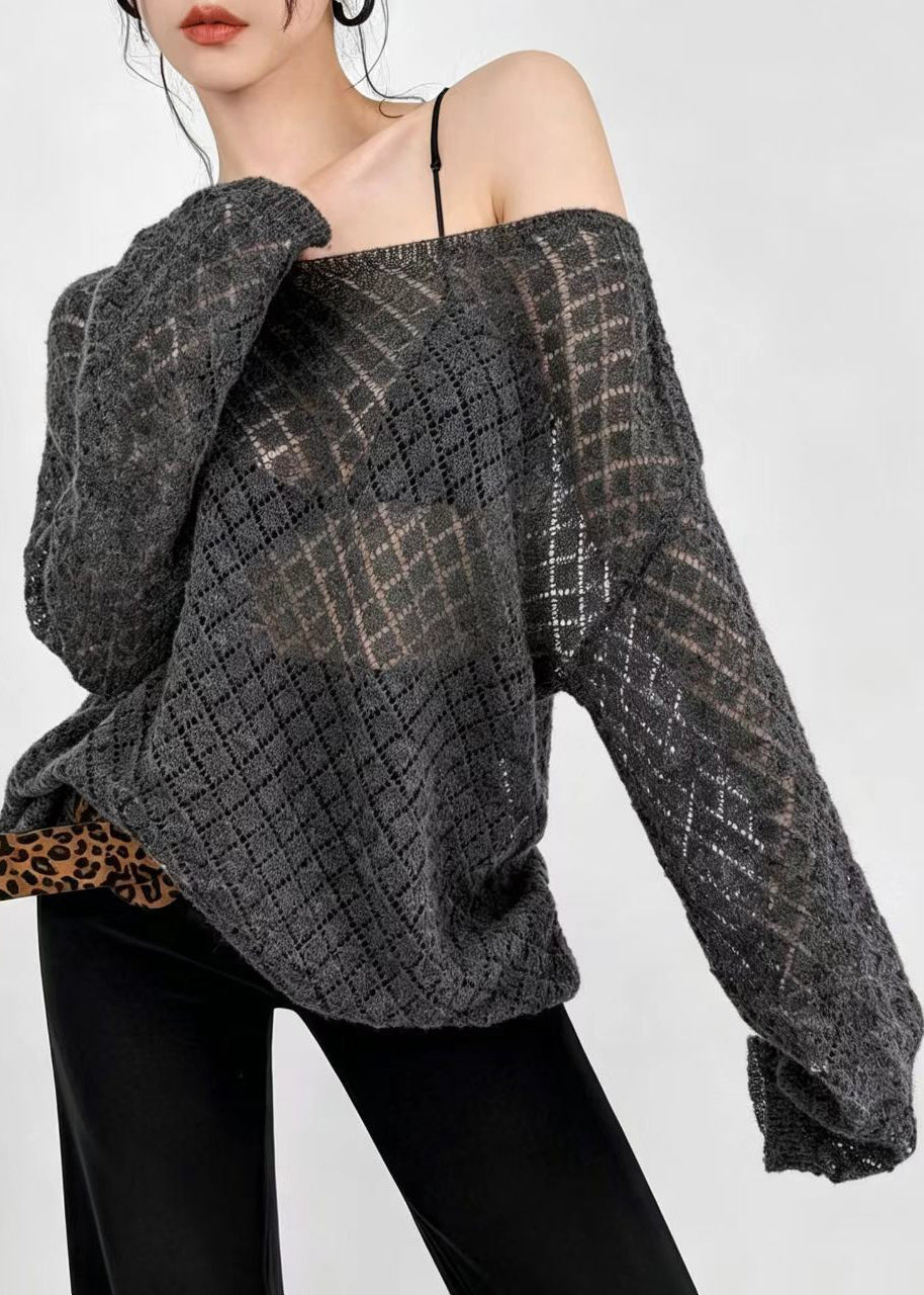 Women Dark Gray Slash Neck Hollow Out Knit Sweaters Fall