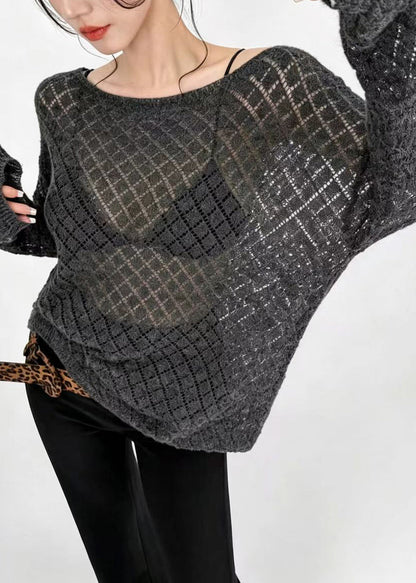 Women Dark Gray Slash Neck Hollow Out Knit Sweaters Fall