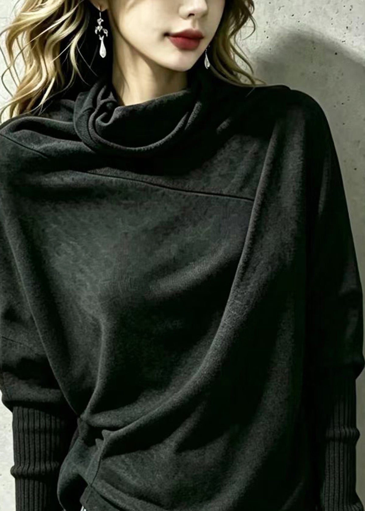 Women Dark Gray Turtleneck Asymmetrical Knit Tops Batwing Sleeve