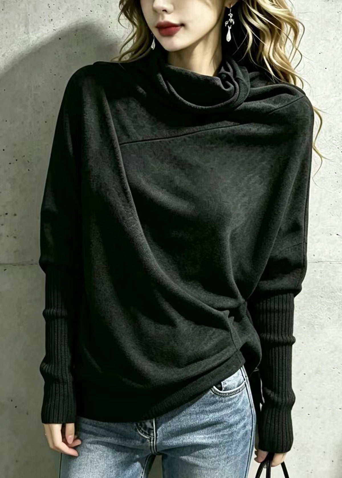 Women Dark Gray Turtleneck Asymmetrical Knit Tops Batwing Sleeve