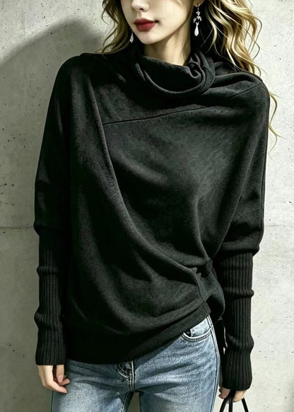 Women Dark Gray Turtleneck Asymmetrical Knit Tops Batwing Sleeve