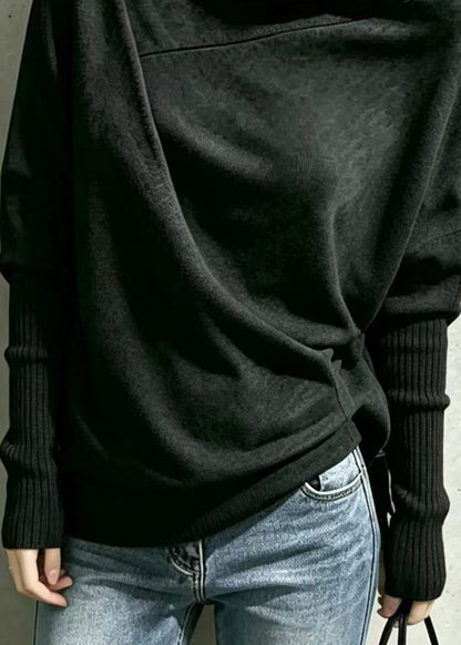 Women Dark Gray Turtleneck Asymmetrical Knit Tops Batwing Sleeve