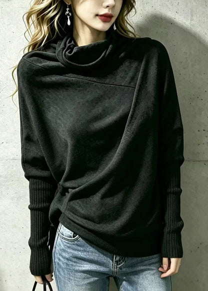 Women Dark Gray Turtleneck Asymmetrical Knit Tops Batwing Sleeve