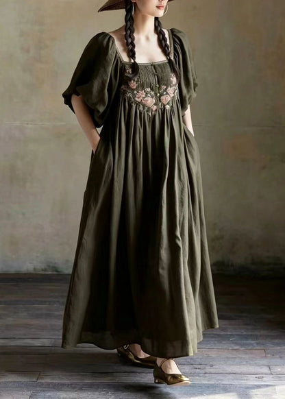 Women Dark Green Square Collar Embroidered Vacation Dresses Puff Sleeve
