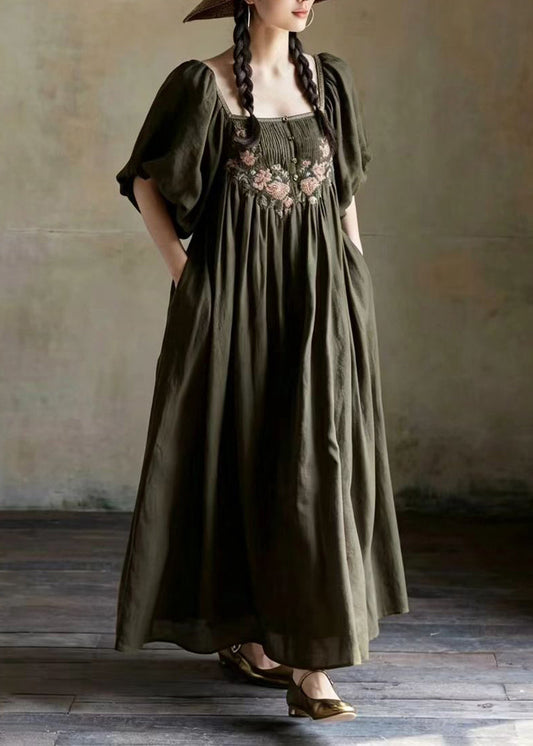 Women Dark Green Square Collar Embroidered Vacation Dresses Puff Sleeve