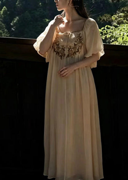 Women Dark Green Square Collar Embroidered Vacation Dresses Puff Sleeve