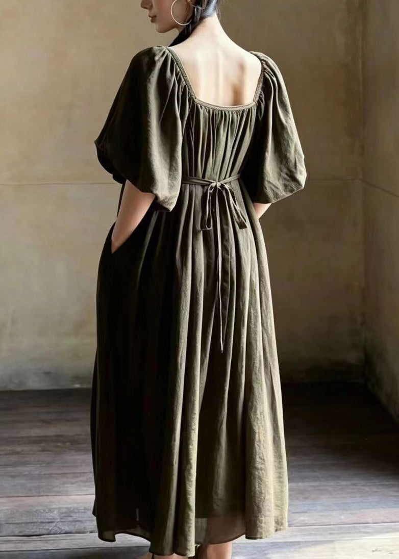 Women Dark Green Square Collar Embroidered Vacation Dresses Puff Sleeve